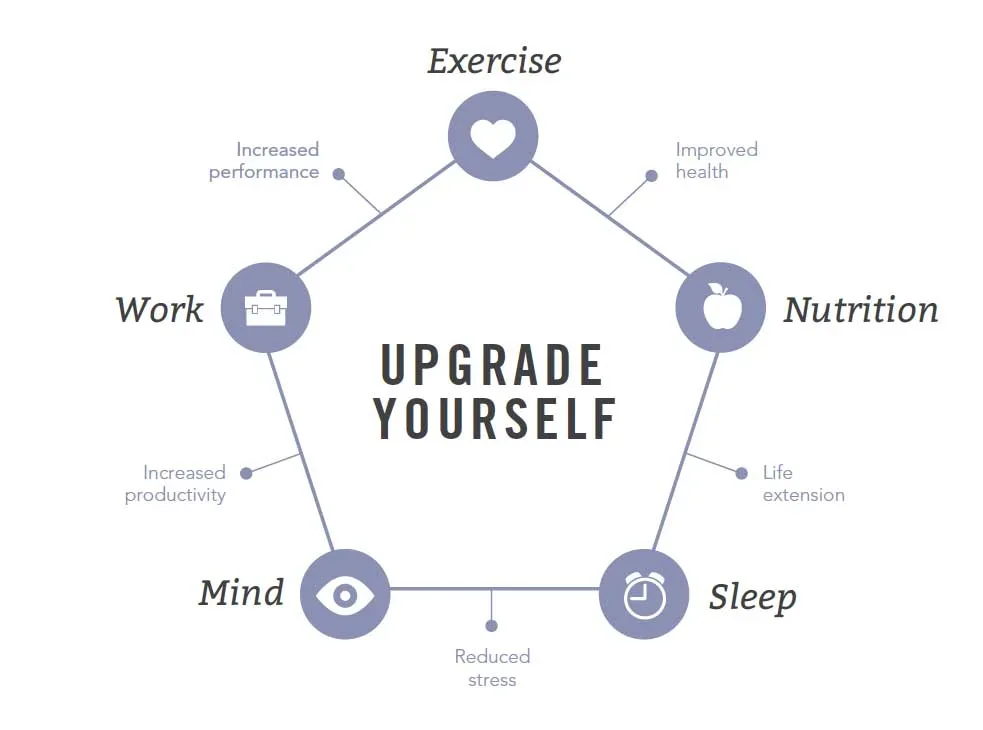 Upgrade Yourself: exercise, nutrition, sleep, mind and work, each linked to an outcome from improved health to increased productivity