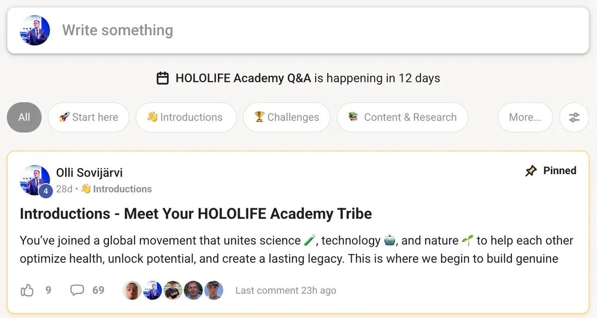 The HOLOLIFE Academy community feed on Skool, with the next live Q&A on the calendar
