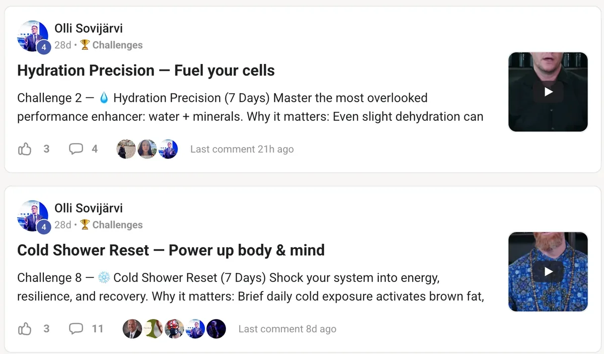Challenge posts in the HOLOLIFE Academy: hydration and cold showers, each a seven-day mission