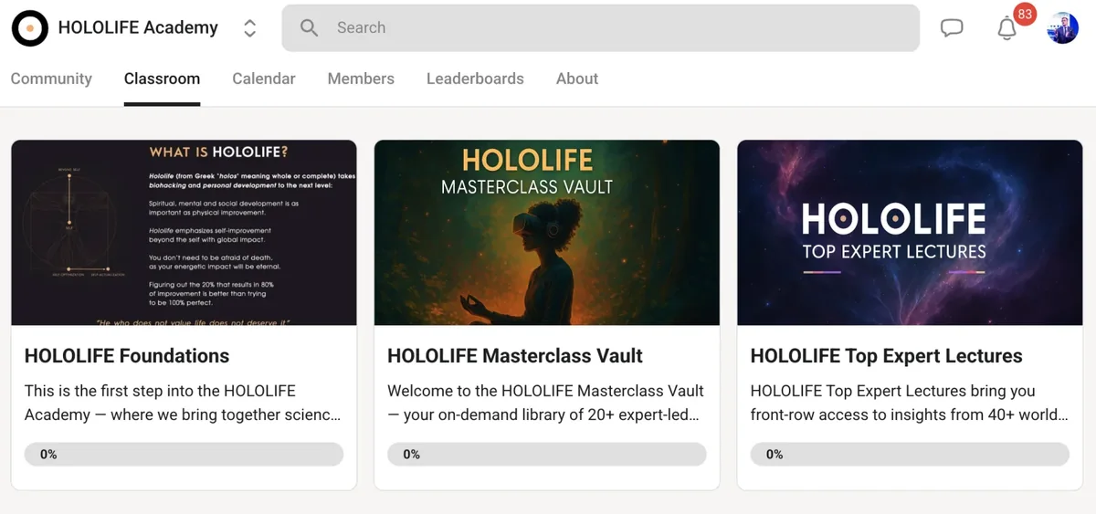The HOLOLIFE Academy classroom on Skool: Foundations, the Masterclass Vault and the Top Expert Lectures