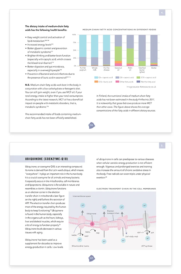 Interior pages on fatty acids and coenzyme Q10: a chart of medium-chain fatty acid concentrations in foods and a diagram of the electron transport chain