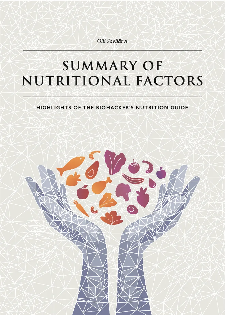 The cover of the free Summary of Nutritional Factors, two cupped hands holding fruit, vegetables and fish